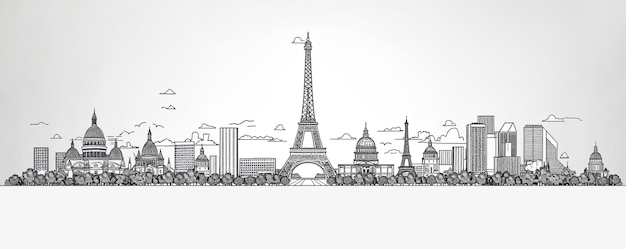 Gedetailleerde zwart-wit illustratie van de skyline van Parijs met iconische bezienswaardigheden, waaronder de Eiffeltoren