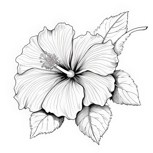 Gedetailleerde zwarte en witte hibiscus bloemlijn illustratie