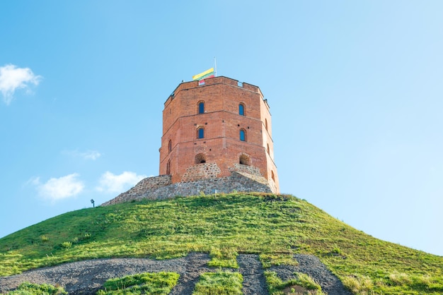 Gediminastoren met groene heuvel en blauwe hemel in Vilnius, Litouwen