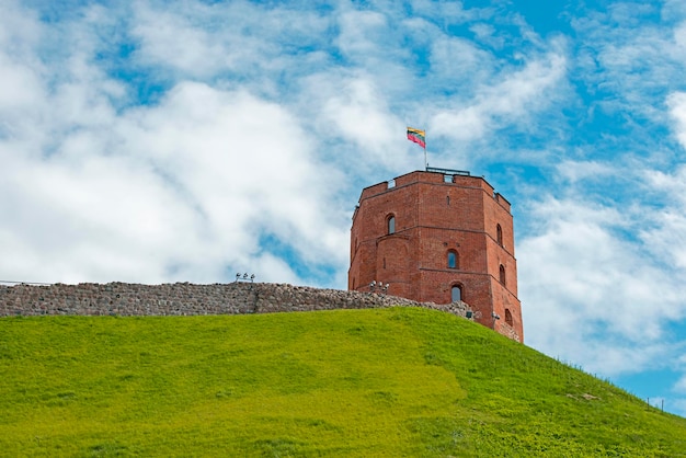 Gediminastoren op de heuvel en de vlag van Litouwen tijdens de zomerdag in Vilnius