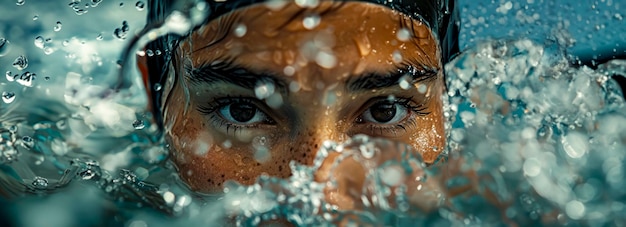 Foto gedreven vrouwelijke atleet die de elementen overwint triathlete die door regen gaat tijdens het zwemmen