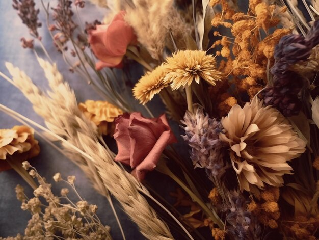 Foto gedroogde bloemen en grassen zijn gerangschikt op een blauw oppervlak generatieve ai