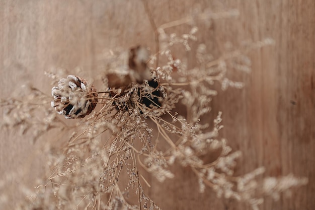 Gedroogde bloemen versierd op houten tafel