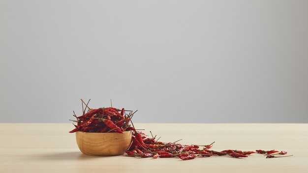 Gedroogde chilipepers in een houten kom op een houten tafel en witte muur voor kopieerruimte voor tekst