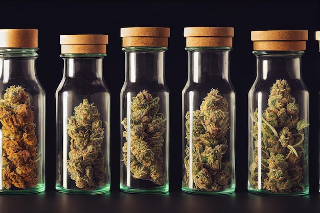 Gedroogde geselecteerde medicinale marihuana bloemen opslag in glazen pot assortiment van bijgesneden cannabis toppen st