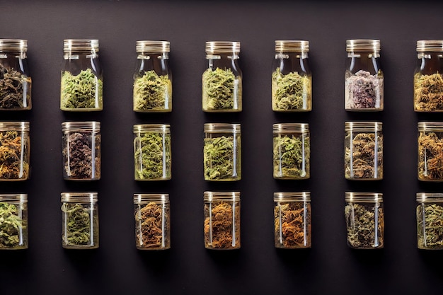 Gedroogde geselecteerde medicinale marihuana bloemen opslag in glazen pot assortiment van bijgesneden cannabis toppen st