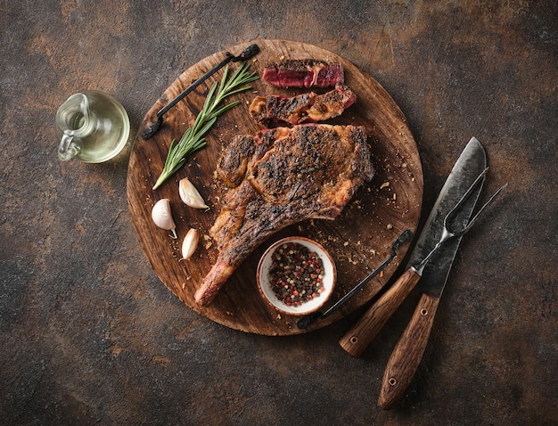 Gedroogde marmeren biefstuk Tomahawk op een houten bord met kruiden Platliggend dinerconcept