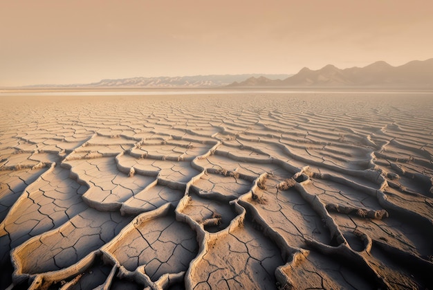 Gedroogde meerbodem en lucht bedekt met stofwolken desertificat