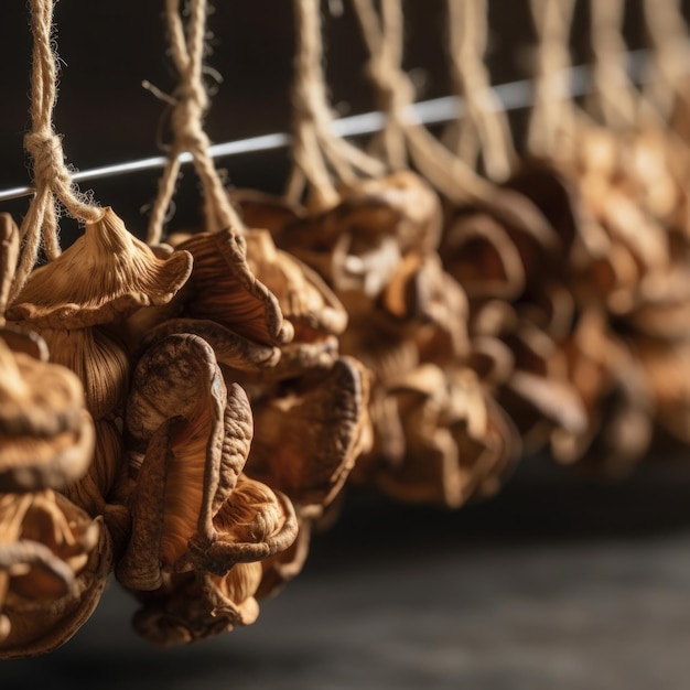 Gedroogde paddenstoelen hangen vastgebonden met snaren die door AI zijn gegenereerd.