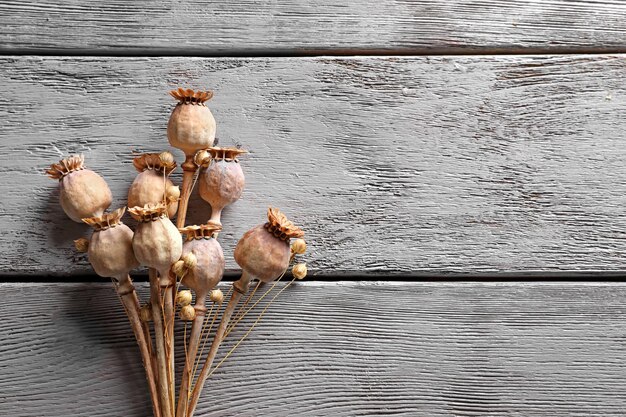 Gedroogde papaverkoppen op houten tafel