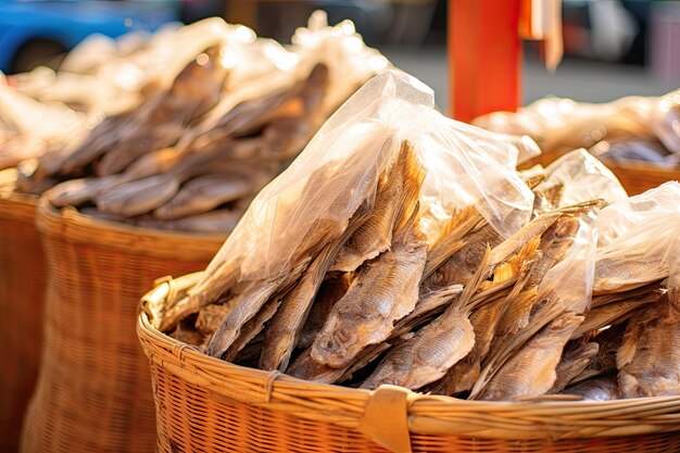 Foto gedroogde vis voor het koken op de markt gedroogde visserijproducten op de markt uit azië