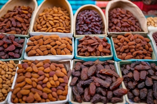 Gedroogde vruchten dadels en rozijnen op de Marokkaanse markt in Marrakech in de ramadan