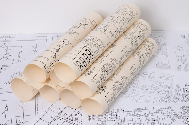 Gedrukte tekeningen van elektrische circuits Wetenschapstechnologie en elektronica