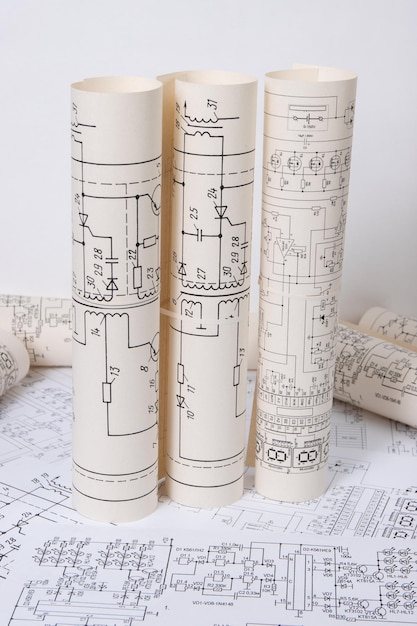 Gedrukte tekeningen van elektrische circuits Wetenschapstechnologie en elektronica