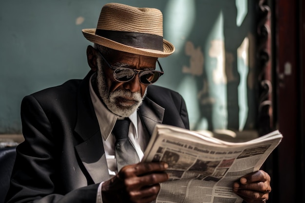 Geduldige oude zwarte man die krant leest Generate Ai