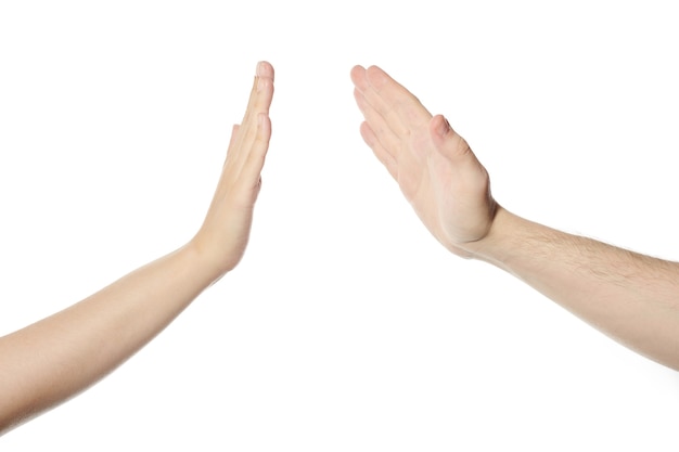 Geef vijf handengebaar, witte geïsoleerde achtergrond. Man en vrouw slaan handen, High five