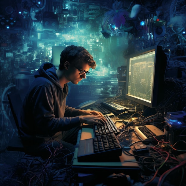 Foto geek in azione un'affascinante immagine in alta risoluzione di un nerd del computer profondamente impegnato nel lavoro