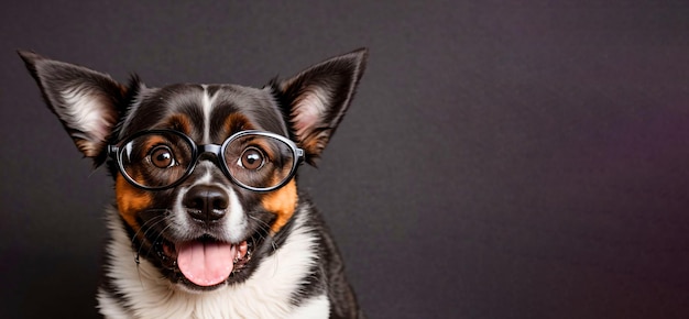 Geek hond met grote ogen die een bril draagt op een donkergrijze achtergrond met kopieerruimte voor tekstbanner