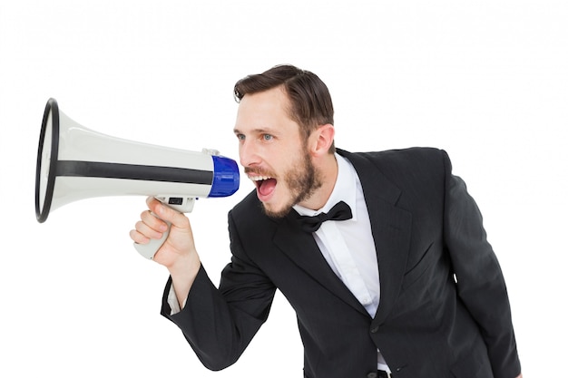 Photo geeky businessman shouting through megaphone