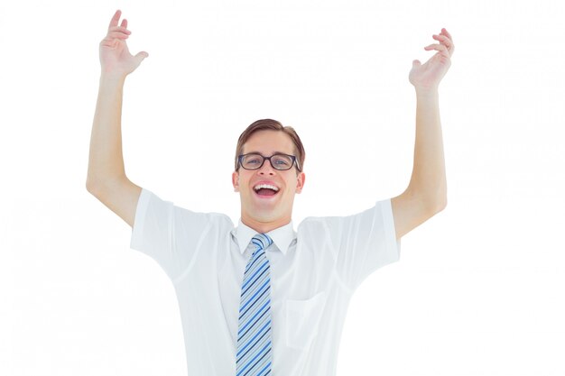 Geeky happy businessman with arms up