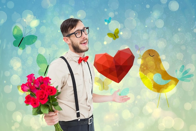 Geeky hipster offering bunch of roses against girly bird and butterfly design