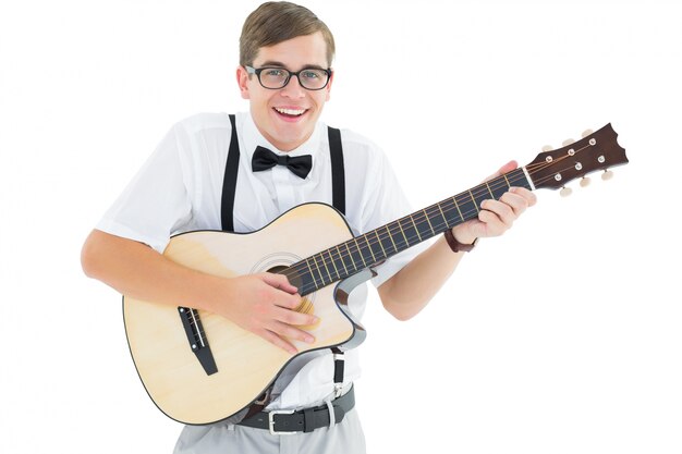 Geeky hipster playing guitar and singing