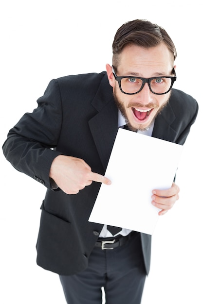 Geeky smiling businessman showing paper