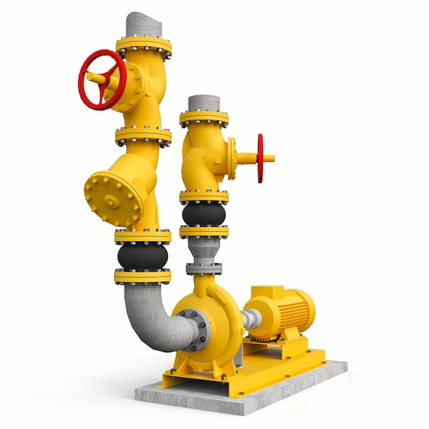 Geel 3D-model van een industriële pomp en pijpsectie met afsluitkleppen op een witte geïsoleerde achtergrond. 3D illustratie.