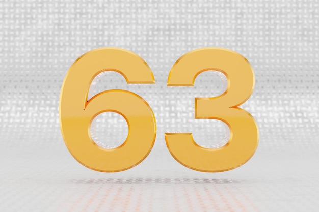 Geel 3D-nummer 63. Glanzend geel metallic nummer op metalen vloer achtergrond. Glanzend gouden metalen alfabet met studio lichtreflecties. 3D-gerenderde lettertype karakter.