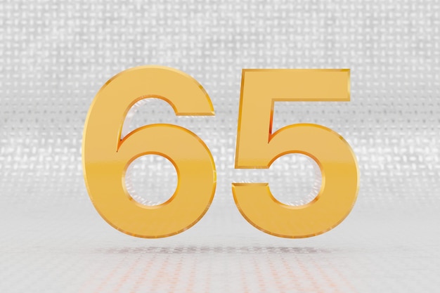 Geel 3D-nummer 65. Glanzend geel metallic nummer op metalen vloer achtergrond. Glanzend gouden metalen alfabet met studio lichtreflecties. 3D-gerenderde lettertype karakter.