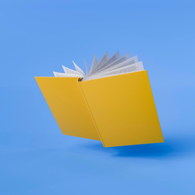 Foto geel boek met open pagina's op blauwe achtergrond
