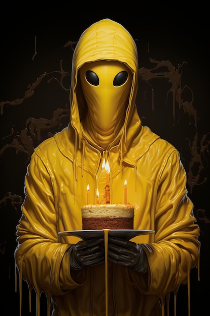 Geel gezichtsloos hoodiemonster met taart 25