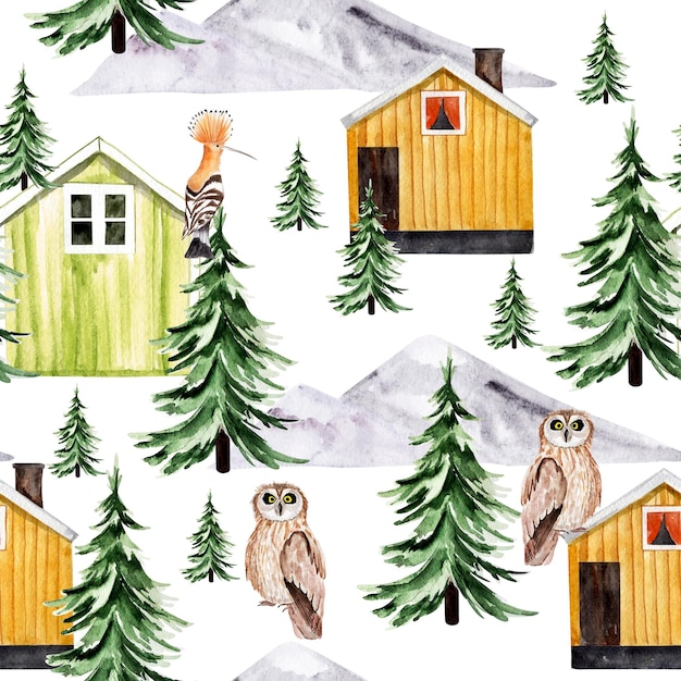 Geel huis in het bos onder vogels aquarel naadloos patroon