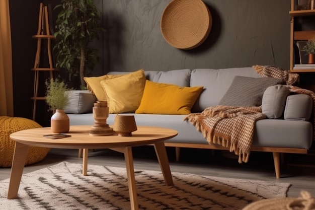 Geel huis kussen sofa decor kussen interieur fauteuil modern huis grijs Generative AI