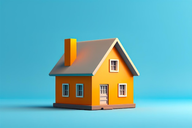 Geel huis met blauwe achtergrond en blauwe hemel Generatieve AI
