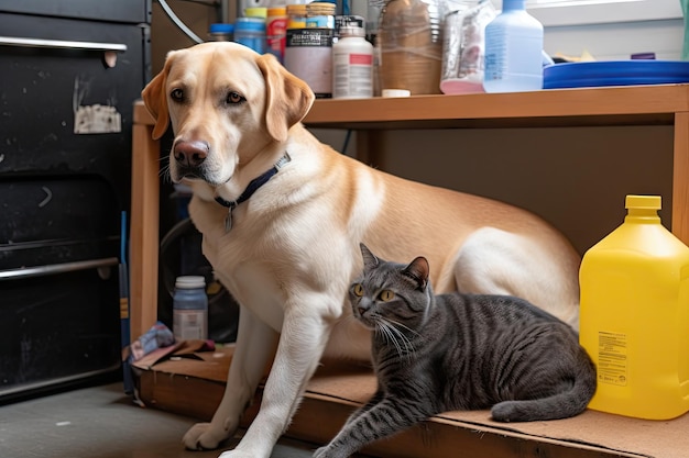 Geel lab en grijze kat werken samen aan recyclingproject gemaakt met generatieve ai