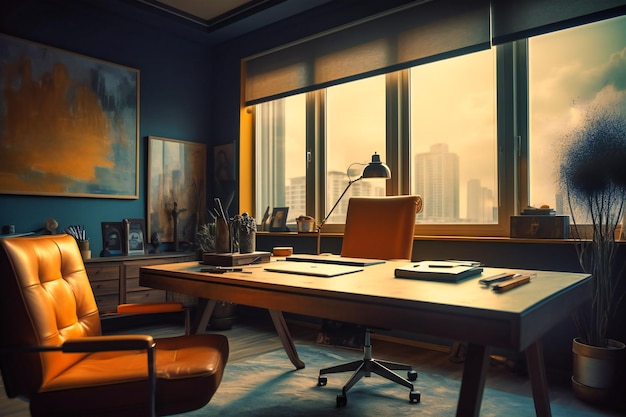 geel leren bureau in een leeg kantoor met het raam erachter en een foto die hangt