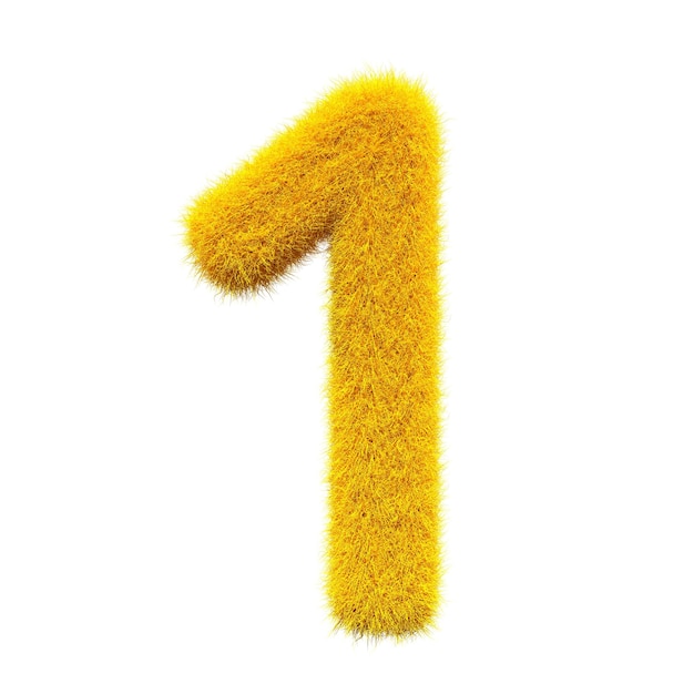 Foto geel nummer 1 bont 3d-element geeft typografie pluizige stijl weer