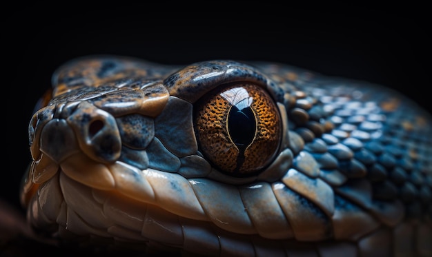 Geel oog van een reptiel dat recht in de camera kijkt Hoofd van de slang extreme close-up op zwarte achtergrond Generatieve AI