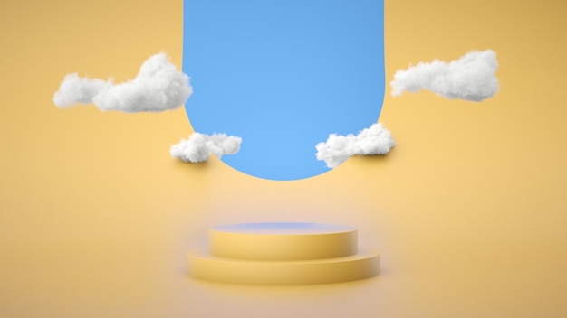 Geel podium met wolk op gele achtergrond met blauwe lucht Product display stand 3D-rendering