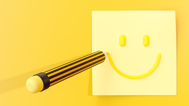 Geel potlood tekenen smileygezicht op post-it of notitie papier op gele achtergrond Ruimte voor banner en logo Minimal idee concept 3D Render