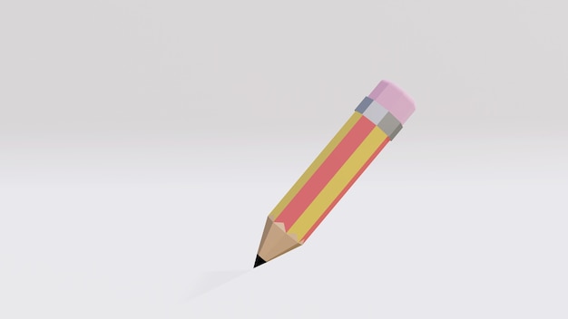 Geel rood klassiek potlood met roze gum met schaduw geïsoleerd op een witte achtergrond, houten korte schoolpotlood, 3D-renderingillustratie