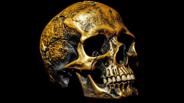 geel verlichte schedel op een zwarte achtergrond