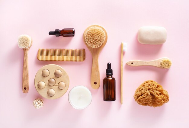 Geen afval milieuvriendelijk hygiëne badkamerconcept houten tandenborstel zeepborstel cosmetica