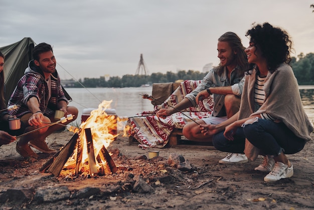 geen zorgen. groep jongeren in vrijetijdskleding die marshmallows roostert boven een kampvuur