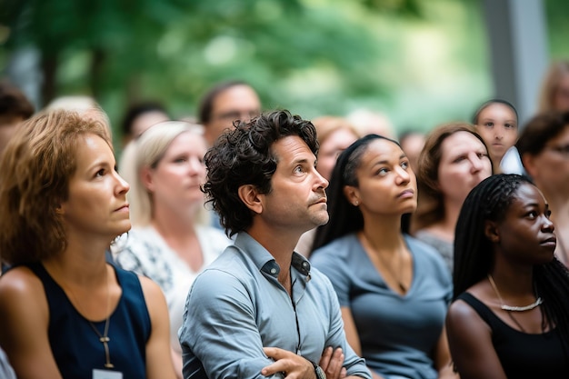 Geengageerde conferentieleden luisteren aandachtig naar een boeiende spreker