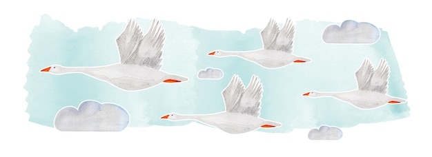 Geese flying in the sky wed watercolor illustration