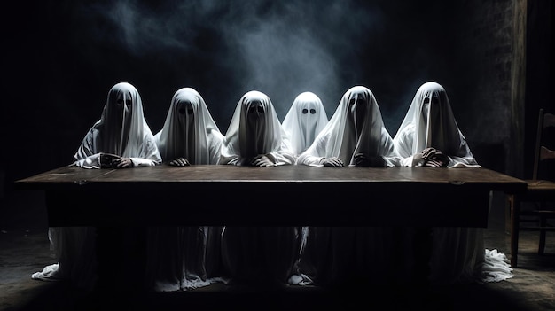 Geest bijeenkomst raadselachtige van figuren gedrapeerd in witte lakens bezig in een kaarslicht banket