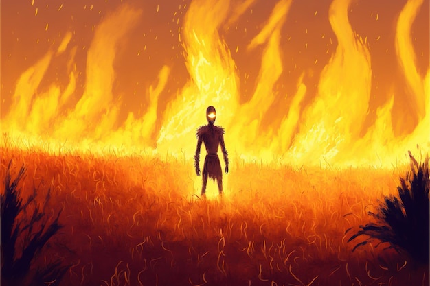 Geest staande op het gebied van vlammen digitale kunststijl illustratie schilderij fantasie concept van een geest in het veld
