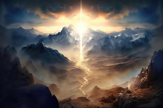 Geest van god met uitzicht op zonsopgang boven bergen met mist die uit de vallei oprijst